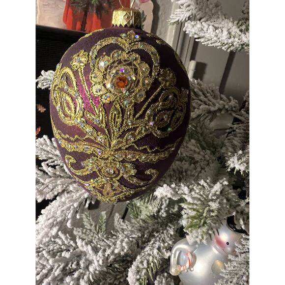 Burgundy & Gold Parzenica Christmas Glass Ornament Hand Decorated with Jewel 5” - Picture 11 of 12